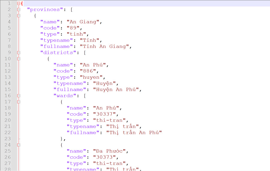 Database tỉnh thành Việt Nam dạng json Database tỉnh thành Việt Nam dạng json