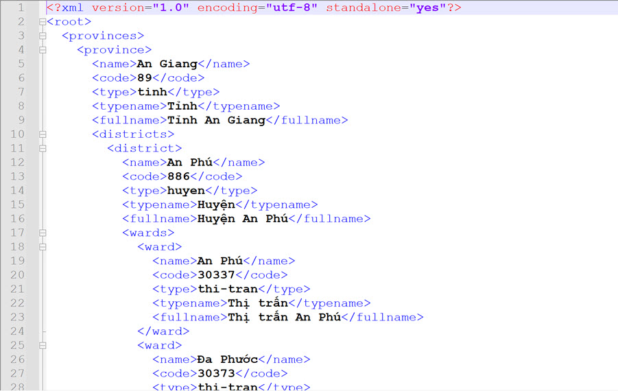Database tỉnh thành Việt Nam dạng xml Database tỉnh thành Việt Nam dạng xml